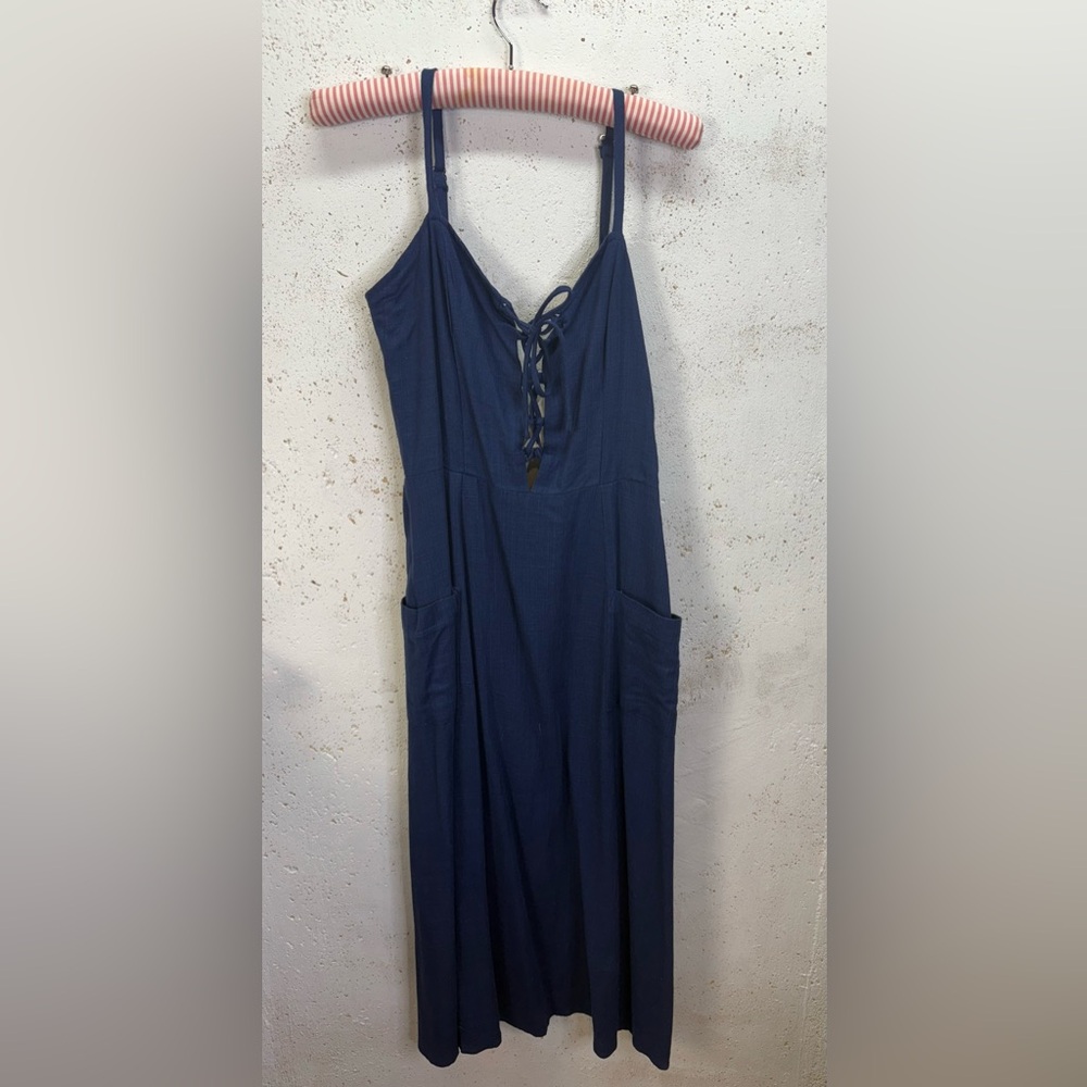 Lost + Wander Navy Blue Sleeveless Linen Midi Dress New With Tags Size Medium - Picture 3 of 15